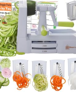Brieftons 5-Blade Vegetable Spiralizer: Strongest-Heaviest Spiral Slicer. Best Veggie Pasta Spaghetti Maker for Low Carb/Paleo/Gluten-Free/Vegan Meals. with Extra Blade Caddy. 4 Recipe Ebooks